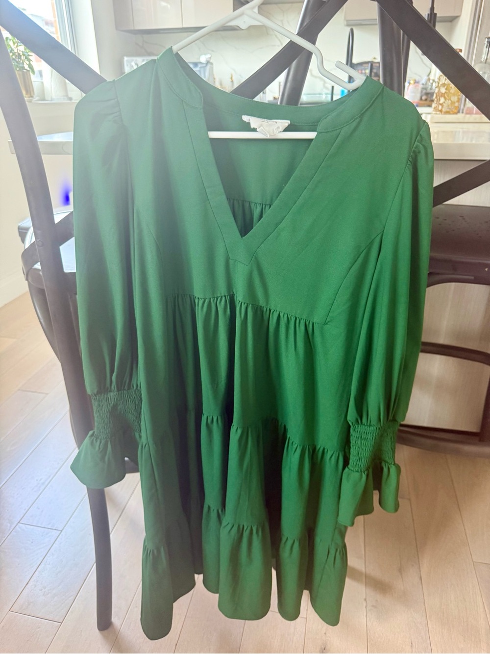 Green V-Neck Tiered Smock Dress
